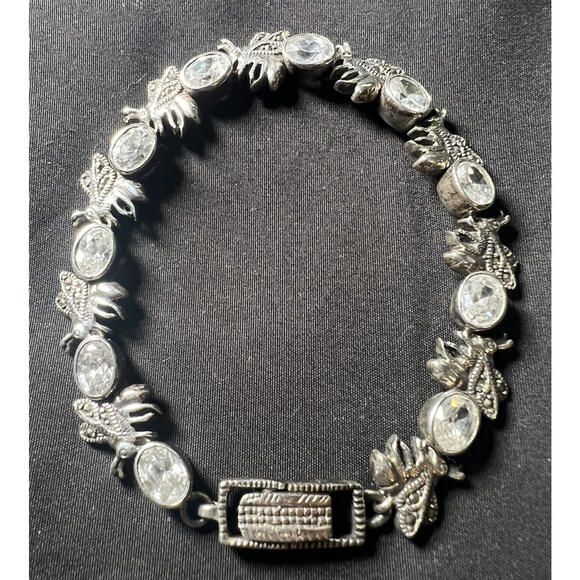 Sterling Silver Figural BEE Oval CZ  Crystal Marcasite Tennis Bracelet - Picture 2 of 9